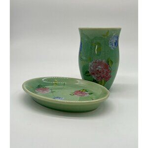 Set of 2 Vintage CB Ceramics Green Cup and Soap Dish w/Purple and Pink Peonies